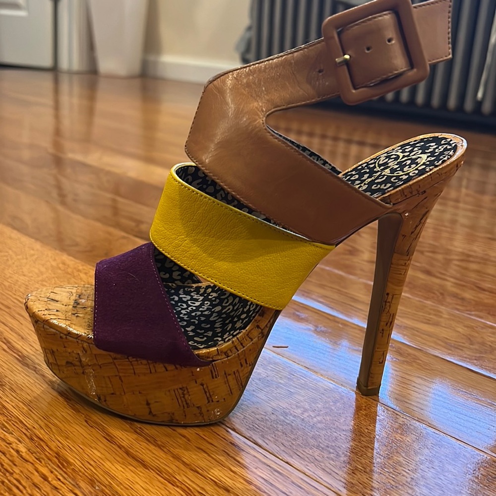Purple, yellow and brown heels